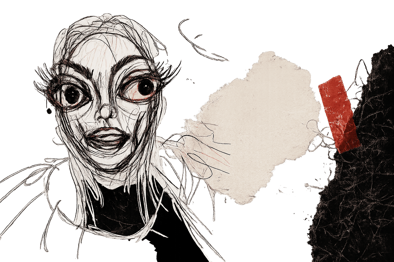 Mixed-media portrait collage - a scribbled ink face, torn parchment, and a slab of black ink